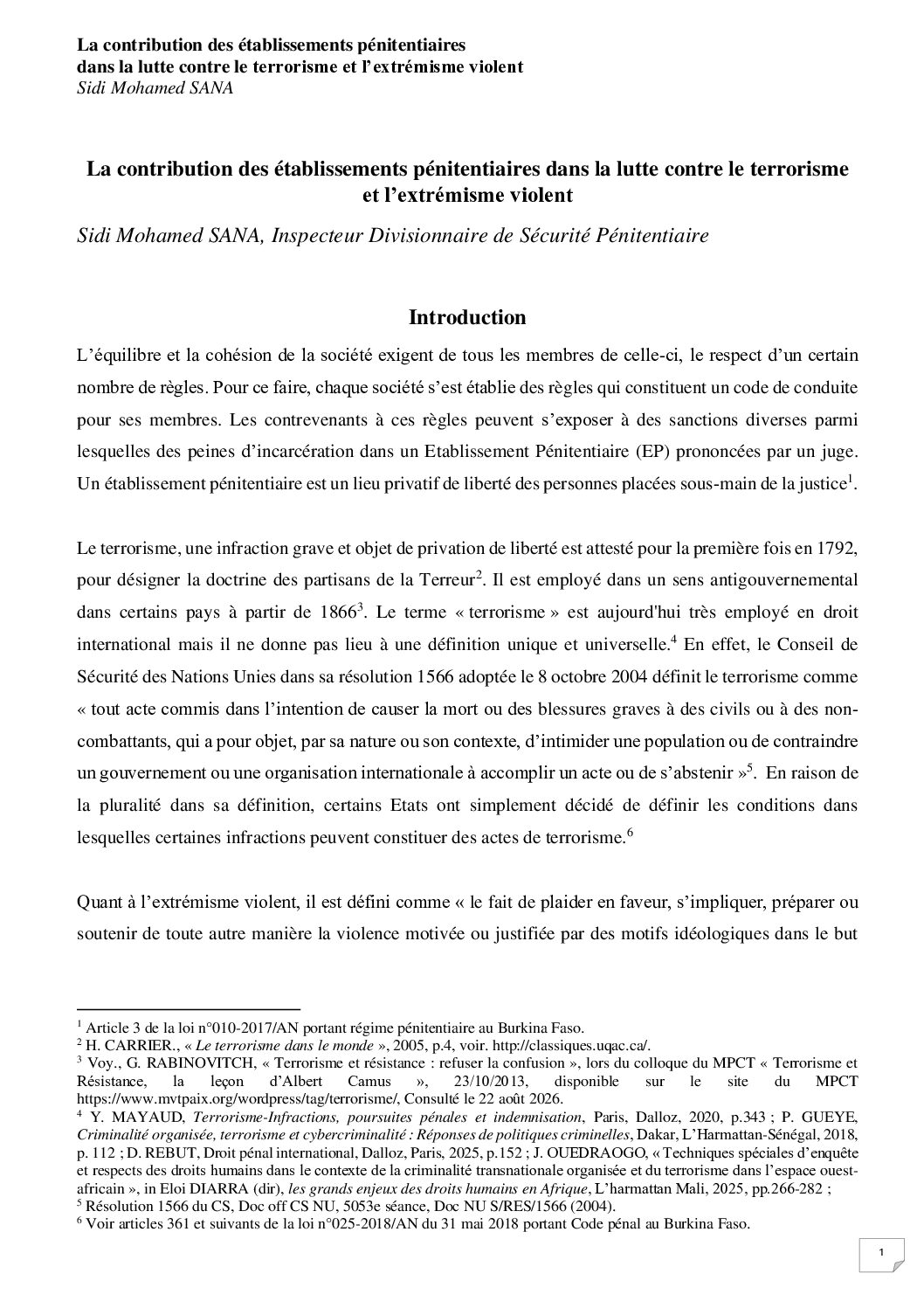 La contribution des établissements pénitentiaires dans la lutte contre le terrorisme et l’extrémisme violent. Sidi Mohamed SANA, Inspecteur Divisionnaire de Sécurité Pénitentiaire